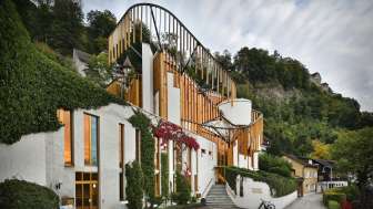 Außenansicht des Centrum für Kunst in Vaduz mit markanter Architektur, bewachsen mit Efeu, vor bewaldetem Hang.