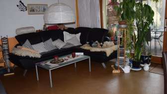 Heller Wohnbereich im Studio in Eschen mit gemütlichem Sofa und Zugang zur Terrasse.