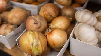 Hausgemachte Zwiebeln und Knoblauch im Hofladen des Neufeldhofs – hochwertige Produkte aus Liechtensteiner Landwirtschaft.