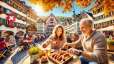 Paar geniest Bratwurst und Bier in einer malerischen Schweizer Altstadt im Herbst, umgeben von traditionellen Häusern und lebhafter Atmosphäre.