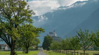 Blick auf die Burg Gutenberg und die umliegenden Berge