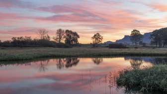 Ruggeller Riet im Abendrot mit Weiher im Vordergrund