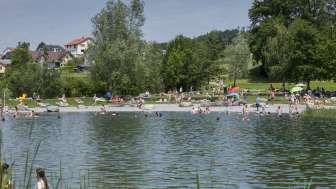 Sommerlicher Badetag im Naturteich der Freizeitanlage Grossabünt, umgeben von grüner Wiese und Bäumen